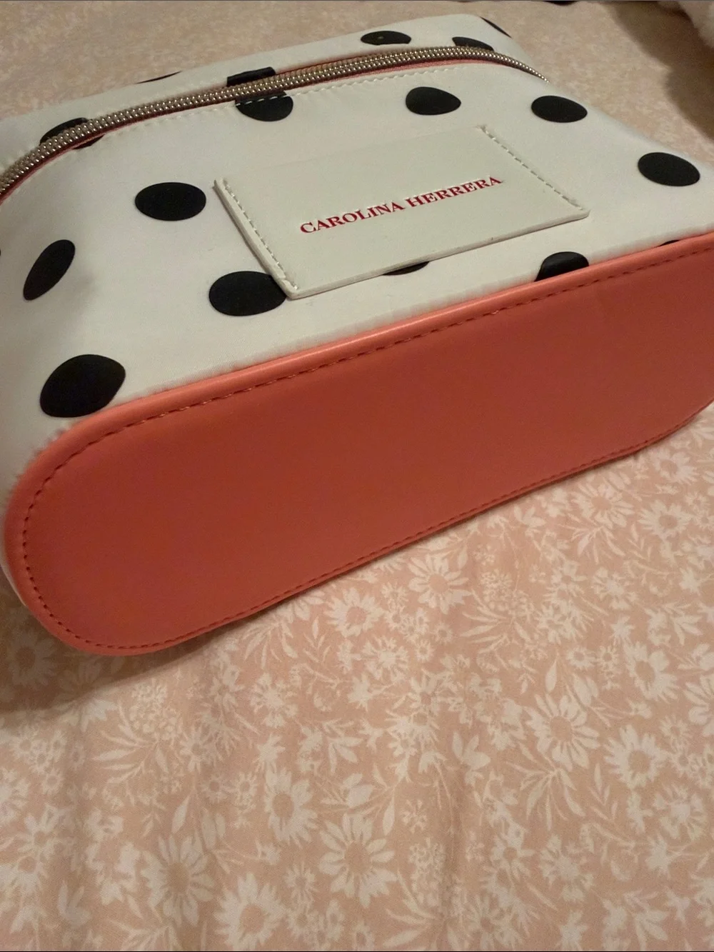 Carolina Herrera White Polka Dot Cosmetic Bag with Coral Trim